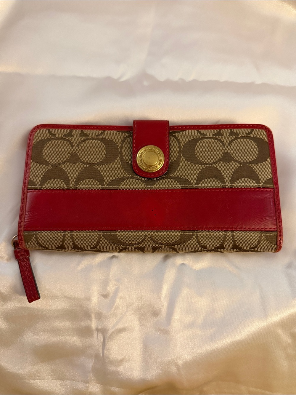 Coach Tan Signature Canvas Wallet with Red Leather Accent EUC